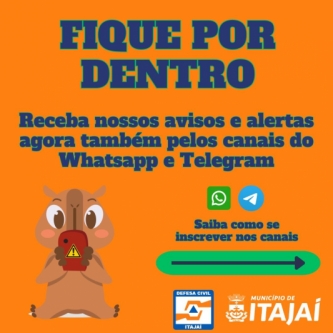 Receba nossos avisos e alertas pelos canais WhatsApp e Telegram